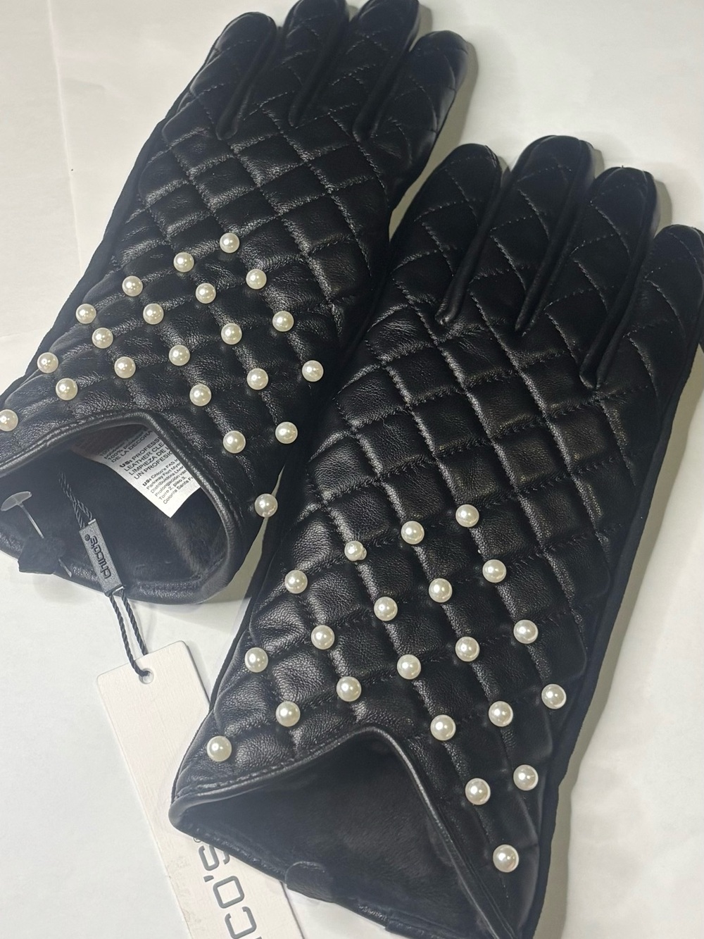 NWT Chico's Black Leather Pearl Quilted Cold Weather Gloves S/M